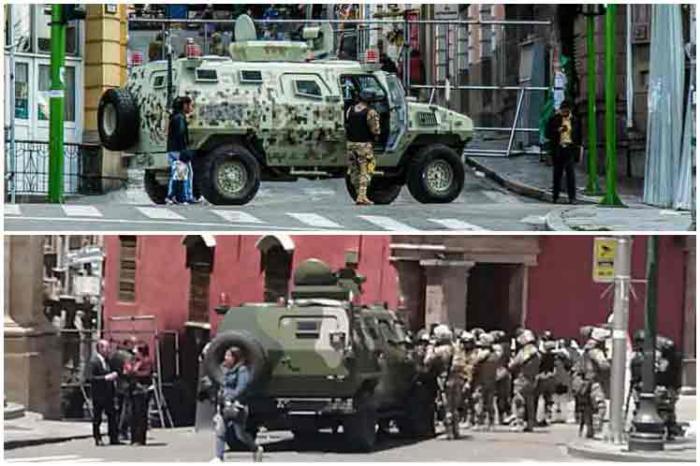 «Denunciamos ante la comunidad internacional que al viejo estilo de las dictaduras, la Plaza Murillo se encuentra cercada de tanquetas militares», expresó Evo Morales en su cuenta de Twitter. 