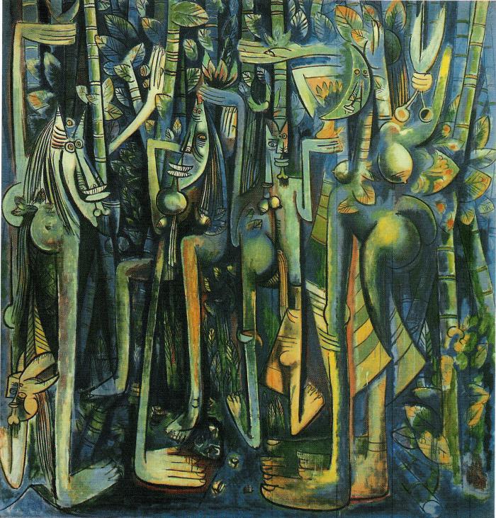 La cultura que llegó en los barcos negreros, albergada en la imborrable memoria de estos hombres y mujeres ya es parte de nuestro imaginario. obra «La jungla» de Wilfredo Lam,