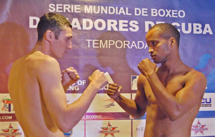 Pesaje Semifinal IV Serie Mundial de Boxeo. El duelo de los 69 kg entre los medallistas olímpicos Roniel Iglesias (a la derecha) y Andrei Zamkovoi podría sellar el triunfo cubano. 