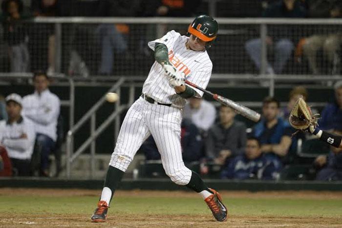 14 February 2014: University of Miami catcher/infielder  Zack Collins (0) at bat against the University of Maine at Alex Rodriguez Park at Mark Light Field, Coral Gables, Florida, in Miami's 6-3 victory.