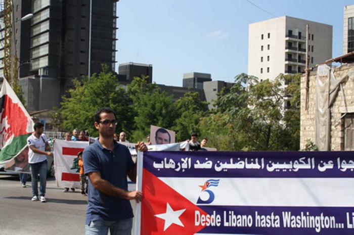 Plantón frente a la embajada de EE.UU. en Beirut, organizado por el Comité Libanés de Solidaridad por la Liberación de Los Cinco (L4C5, siglas en inglés)