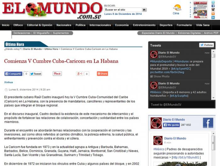 La V Cumbre Caricom-Cuba fue reseñada este lunes en varios medios de prensa extranjeros