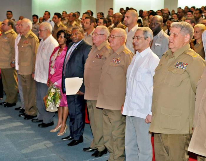 Acto Polìtico en ocasiòn del Aniversario 25 de la Fundaciòn de las Fuerzas de Defensa Nacional de Namibia, Presidido por el General de Cuerpo de Ejèrcito, Viceministro de las FAR y Jefe del Estado mayor General de la FAR Albaro Lòpez Miera, el Embajador de Namibia en Cuba Sr Jerobean Shaanika, Josè Ramòn Balaguer Cabrera Jefe del Dpto de Relaciones Internacionales del CCPCC