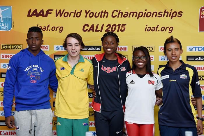 CALI, COLOMBIA - JULY 14:  (L-R) Maykel Demetrio Masso of Cuba, Jack Hale of Australia, Candace Hill of the USA, Khalifa St. Fort of Trinidad and Tobago and Santiago Hernandez of Colombia pose for a group picture during a press conference prior to the start of the  IAAF World Youth Championships Cali 2015 on July 14, 2015 in Cali, Colombia.  (Photo by Buda Mendes/Getty Images for IAAF)