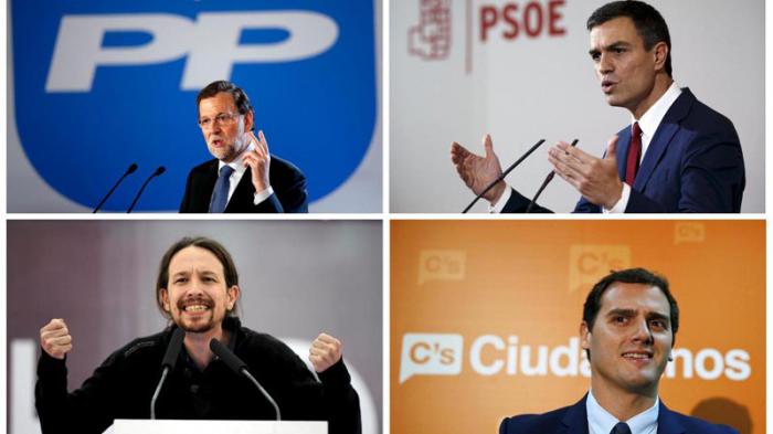 arriba de izquierda a derecha, los candidatos de las principales fuerzas políticas que ocupan puestos en el parlamento español: Mariano Rajoy, del PP; Pedro Sánchez, del PSOE. Abajo, Pablo Iglesias, de Podemos y Albert Rivera, de Ciudadanos. foto: getty