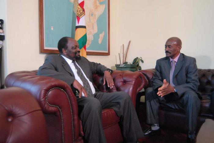 El canciller zimbabuense Simbareche Mumbengegwi (izquierda) y el embajador cubano Elio Savón 