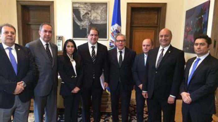 Luis Almagro (el quinto de izquierda a derecha) recibe en su oficina a asambleístas venezolanos que reclaman una intervención militar para su propio país. 