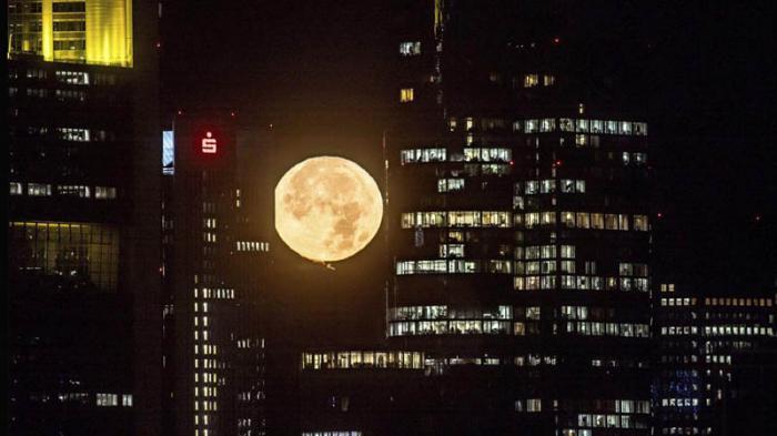 La luna espía entre los edificios de Frankfurt, Alemania.