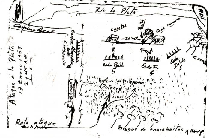 Croquis del Combate de La Plata, Sierra Maestra el 17 de enero 1957. Elaborado por Raúl pocos días después.