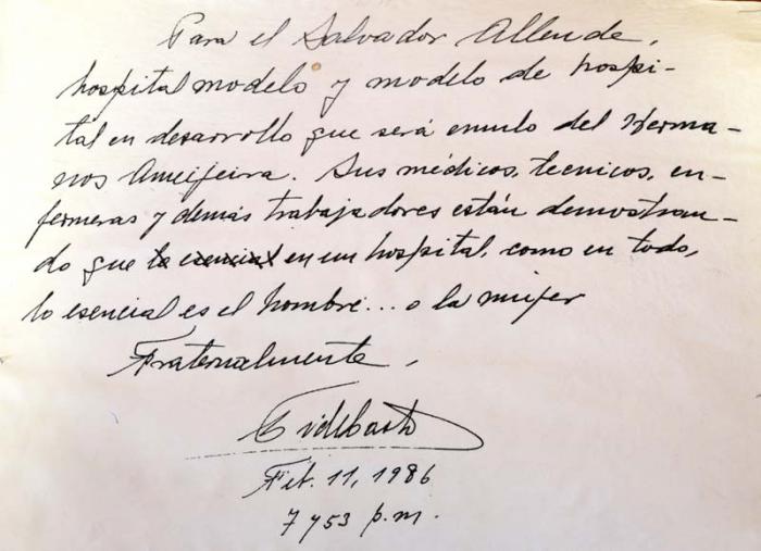 Nota que plasmara el Comandante en Jefe Fidel Castro Ruz en el libro de visitas de la institución