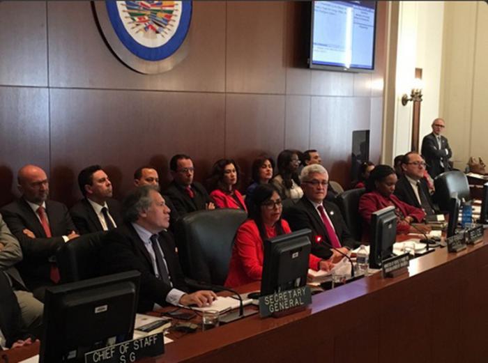 La canciller venezolana advirtió en la sede de la oea, en Washington, que el secretario 
general actúa como agente de los intereses de Estados Unidos. Foto: Cancillería de Venezuela 