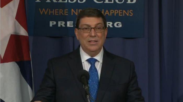 Conferencia de prensa de Bruno Rodríguez, canciller de Cuba, en Washington en Estados Unidos. Foto: Twitter de Cubaminrex