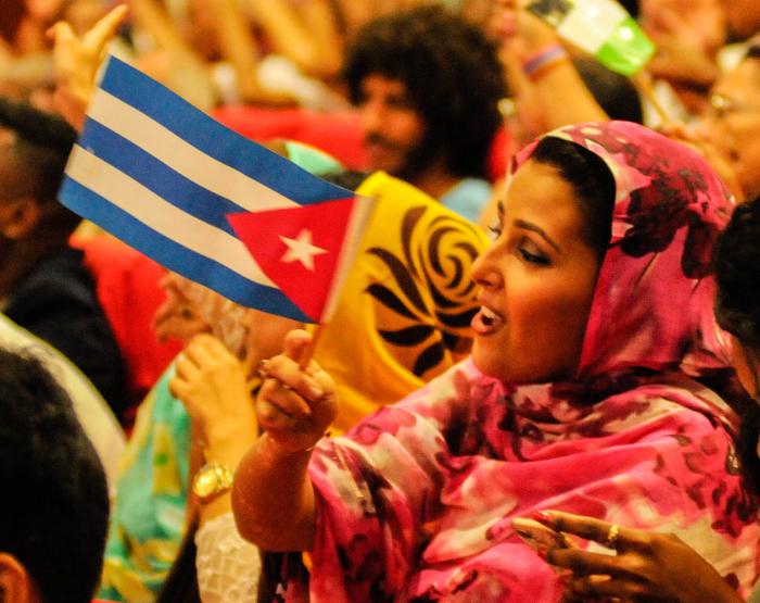 Acto por el 45 Aniversario de la República Arabe Saharauí, presidida por Esteban Lazo Hernández, Presidente de la Asamblea Nacional del Poder popular y Jatri Adduh, presidente del Consejo Nacional Saharaui en el Teatro del Ministerio de las Comunicaciones, Plaza de la Revolución