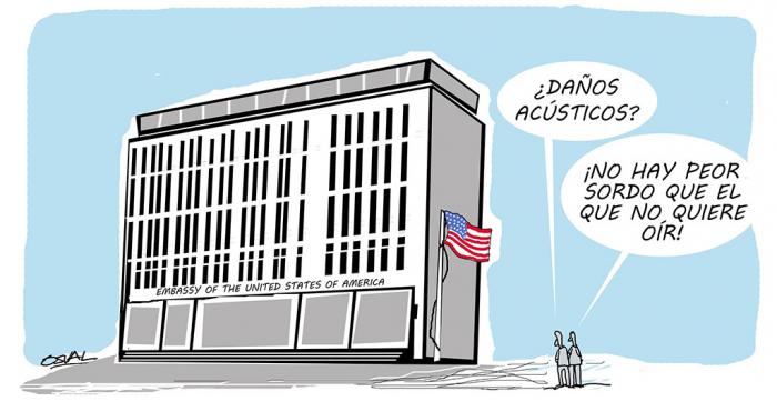 Caricatura en relación a los supuestos ataques acústicos que habrían afectado a funcionarios estadounidenses, en La Habana.  3 de octubre de 2017.   ACN CARICATURA/Osvaldo GUTIÉRREZ GÓMEZ/ogm