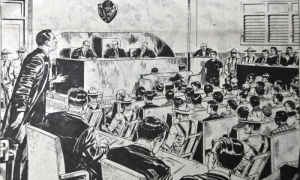 Dibujo sobre el comienzo del juicio del Moncada (pues fueron prohibidas las fotos) Fidel, como abogado exigió,  el 21 de septiembre de 1953, el derecho de asumir su propia defensa. Fue retirado luego,  en la tercera sesión del juicio, celebrada en la sala del Pleno del edificio de la audiencia. Su alegato de autodefensa, conocido como La Historia me Absolverá  –palabras con las que concluyó su discurso–  fue pronunciado el 16 de octubre del propio año, en una sala de justicia improvisada en una pequeña habitación del Hospital de Santiago, utilizado como cuarto de estudio de las enfermeras.