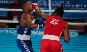 El cubano Arlen López  derrota Euri Cedeño de República Dominicana,  en la categoría 75kg, en el Salon Jumbo del Country Club, durante los XXIII Juegos Centroamericanos y del Caribe en Barranquilla 2018, Colombia, el 29 de julio de 2018.  Roberto Morejon/