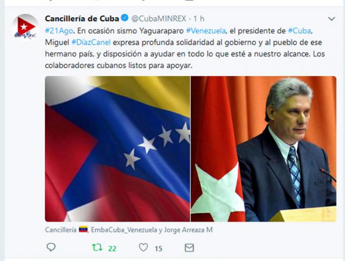 Twitter de solidaridad del Presidente cubano con Venezuela ante sismo