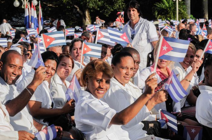 Acto por el 55 aniversario de la fundación de la Cooperación Médica Cubana por nuestro Comandante en Jefe, Fidel Castro Ruz; Presidido por Roberto Morales Ojeda, Miembro del Buró Político del PCC, Vicepresidente de los Consejos de Estado y Ministro de Salud Pública, el Dr. José Roamón Cabrera, Miembro del Secretariado del PCC, el Dr. Santiago Vadía Gonzales, Secretario General de los trabajadores de la salud; desarrollado en la Plaza América de la UCCM, Boyeros