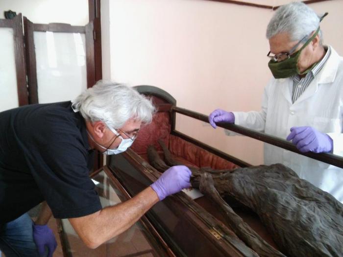 Los Doctores en Ciencias Carlos Arredondo (a la izquierda) y Armando Rangel (a la derecha) extraen una muestra de adn del fémur de la momia. Foto: Cortesía del doctor Armando Rangel