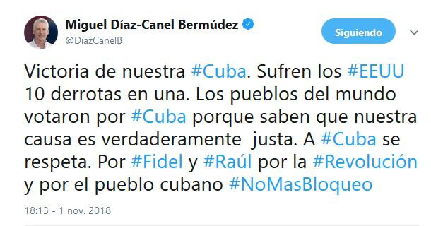 Díaz-Canel celebra en victoria de Cuba en la ONU.
