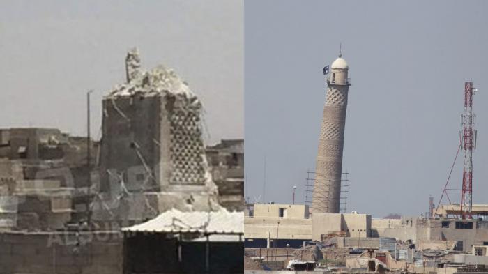 Minarete de la gran mezquita de Mosul antes y después del ataque del Estado Islámico. 