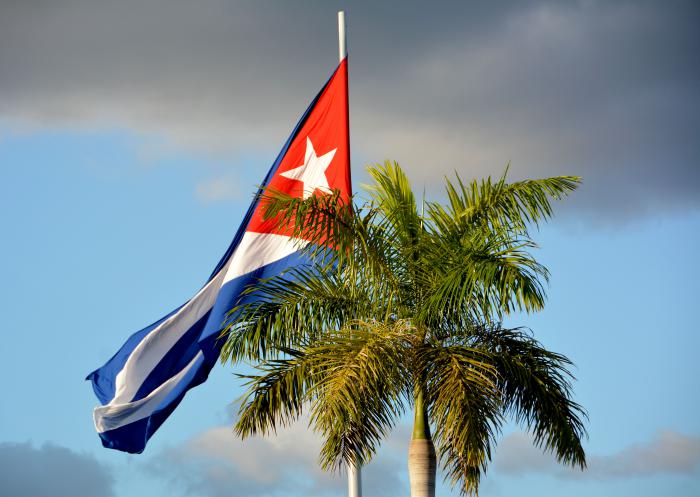 La Bandera cubana junto a una palma real en el cementerio de Santa Efigenia, en Santiago de Cuba.