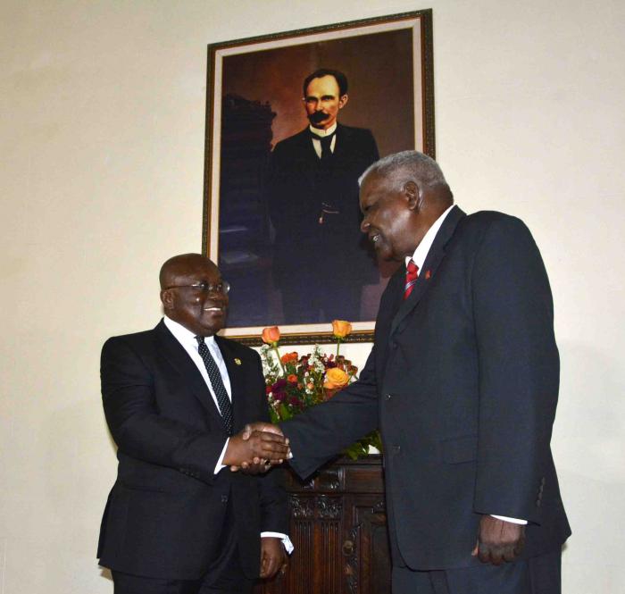 Recibe Esteban Lazo Hernández, presidente de la Asamblea Nacional del Poder Popular (ANPP), a Nana Addo Dankwa Akufo-Addo presidente de Ghana, en el Capitolio de La Habana, sede institucional de la ANPP, Cuba, el 4 de abril de 2019. Foto: Tony Hernández Mena / ANPP