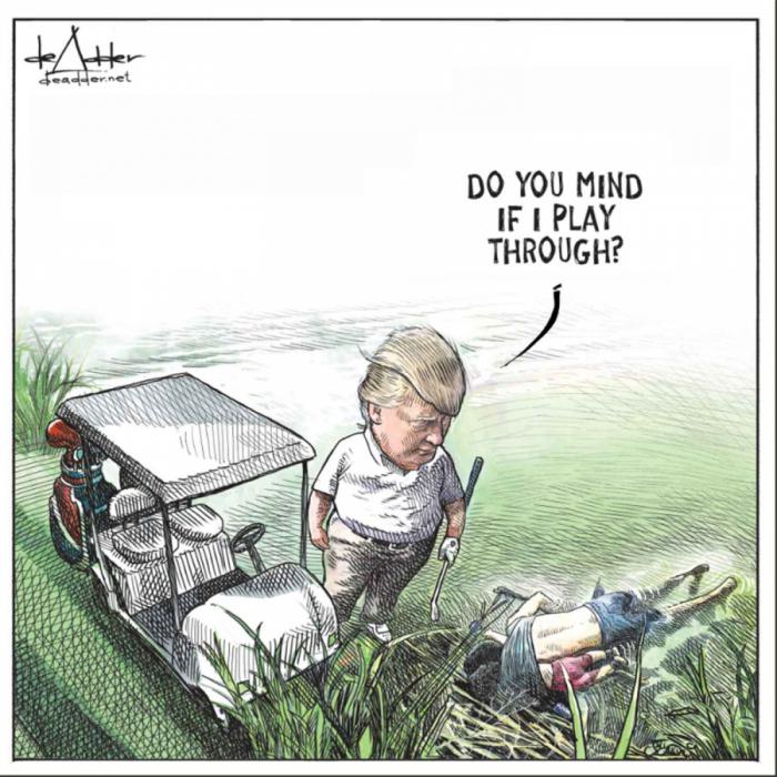 Caricatura de Donald Trump junto a los dos migrantes ahogados en el Río Bravo