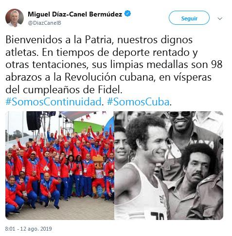 El Presidente de los Consejos de Estado y de Ministros, Miguel Díaz-Canel Bermúdez, dio la bienvenida a través de su cuenta en la red social Twitter a la delegación cubana que asistió a los XVIII Juegos Panamericanos Lima 2019