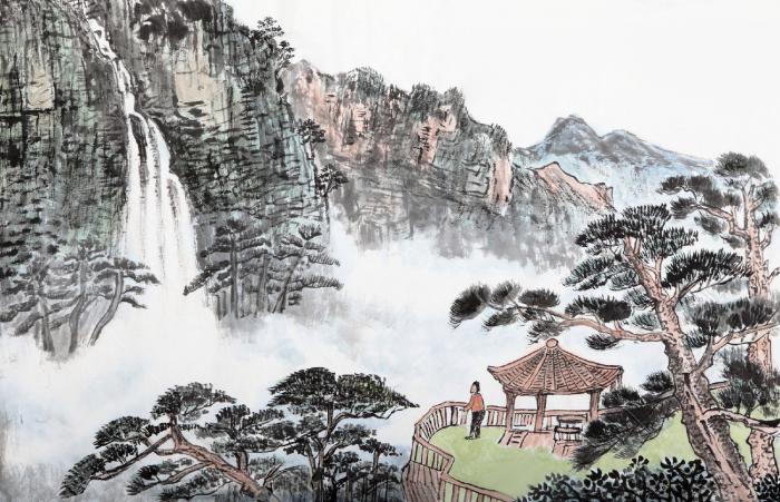La pintura china tradicional, montaña y nubes flotantes. 