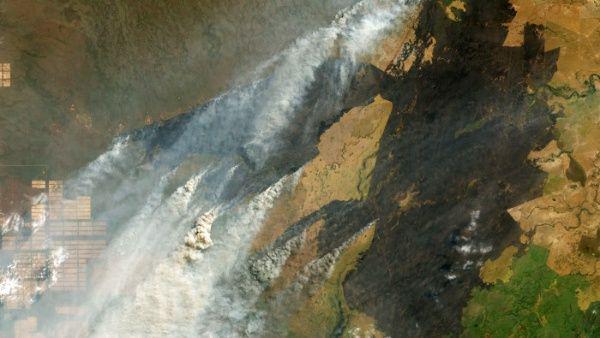 La imagen tomada por la NASA que muestra incendios en la selva amazónica, cerca de las fronteras de Bolivia, Paraguay y Brasil. | Foto: EFE