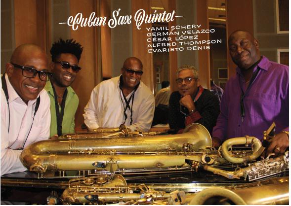 Portadilla del disco Saxofones Live Sessión, del Cuban Sax Quintet, publicado por la Egrem.