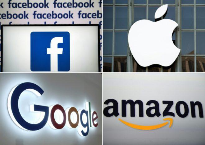 Logotipos de Facebook, Apple, Google y Amazon, cuatro de los gigantes tecnológicos que, según Washington, se ven afectados injustamente por la tasa francesa a los servicios digitales 