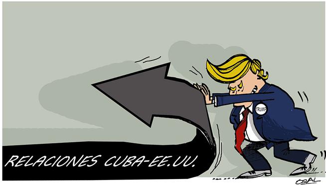 Declaraciones de Donald Trump, presidente de Estados Unidos de América, dan un vuelco a la relaciones con Cuba. 17 de junio de 2017. ACN CARICATURA/Osvaldo GUTIÉRREZ GÓMEZ/sdl
