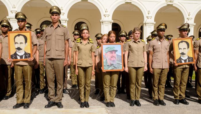Acto de desagravio en el Instituto Técnico Militar (ITM), orden Antonio Maceo, orden Carlos J. Finlay por la profanación de los bustos de José Martí perpetrados en La Habana, con la participación de Oficiales, Cadetes, soldados  y trabajadores civiles de la defensa; desarrollado en este institución, municipio  Marianao.
