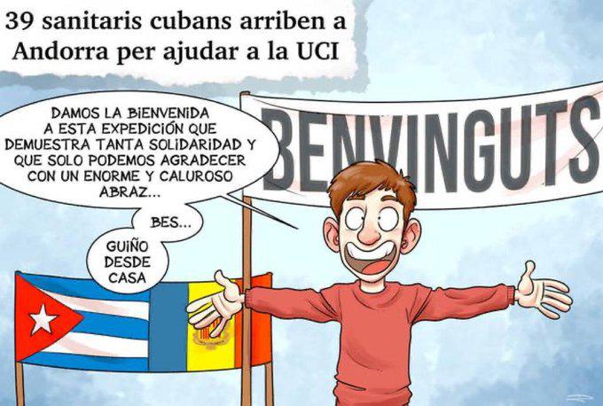 Cartel enviado por un ciudadano andorrano agradecido por el arribo a su país de la brigada médica de Cuba. Imagen: Tomada de la cuenta en Twitter de Gustavo Machín.