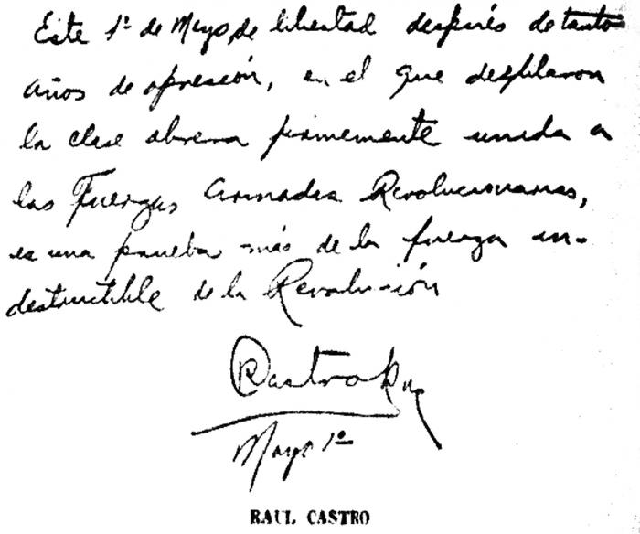 Nota manuscrita de Raúl Castro sobre el primer desfile de las milicias, el 1ro.ide mayo de 1959.