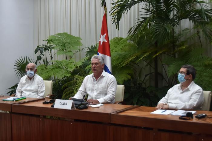 Intervención de Miguel Díaz-Canel Bermúdez, Presidente de la República de Cuba, a través de videoconferencia, en el Encuentro de Líderes a 30 años de creado el Foro de Sao Paulo. Foto: Estudios Revolución