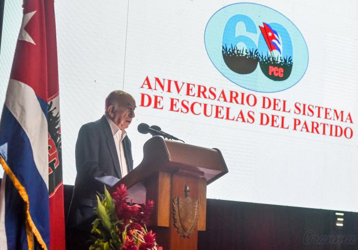 Presiden Miguel Diaz Canel, presidente de la República de Cuba, José Ramón Machado Ventura (foto), Segundo secretario del CCPCC, Rosario Pentón Díaz, Rectora de la Escuela Superior del Partido, Ñico López, en el 60 Aniversario del Sistema de Escuelas del Partido, en la Escuela Superior del Partido Ñico López