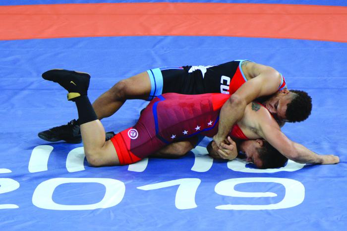 Combate de Ismael Borrero vs. Shalom A. Villegas de Venezuela en la lucha grecorromana 67 kg. en el Coliseo Miguel Grau del polideportivo Callao, como parte de los XVIII Juegos Panamericanos, en Lima, capital de Perú, el 7 de agosto de 2019.  ACN FOTO/Osvaldo GUTIÉRREZ GÓMEZ