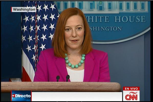 La secretaria de prensa de la Casa Blanca, Jen Psaki, durante la conferencia de prensa en la que anunció que próximamente revisarán las políticas de la administración Trump hacia la nación caribeña