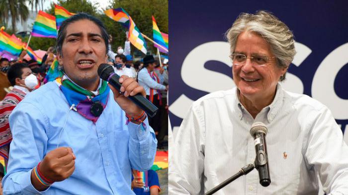 Yaku Pérez y Guillermo Lasso, en dos imágenes distintas de la campaña electoral en Ecuador. Foto: AFP