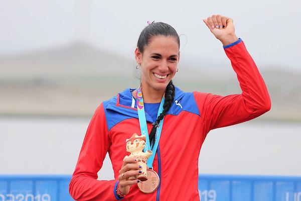 Lima, Saturday August 10, 2019 - Cuba ’s Milena Venega celebrates after winning the bronze medal in  Ligthweight Women's Single Sculls Final A at the Albufera Medio mundo - Huacho at the Pan American Games Lima 2019.

Copyright  Cristiane Mattos / Lima 2019 

Mandatory credits: Lima 2019
** NO SALES ** NO ARCHIVES **