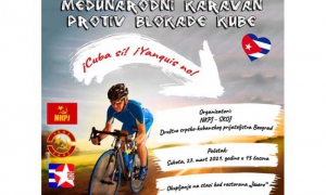 Cartel de bicicletada en Serbia para exigir el fin del bloqueo a Cuba