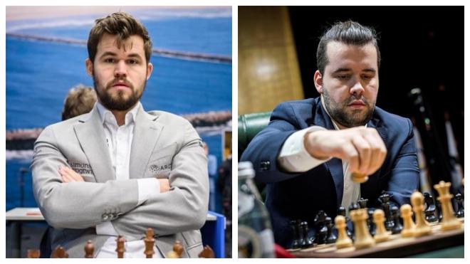 Magnus Carlsen y Ian Nepomniachtchi (derecha). Torneo online Chess24.com Leyendas del Ajedrez