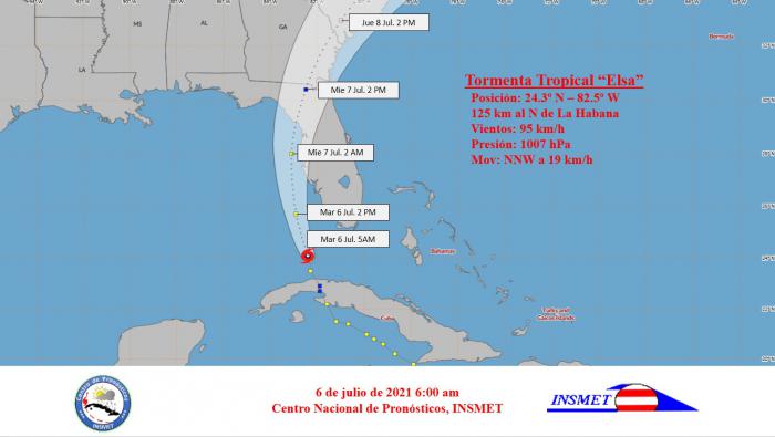Trayectoria de la Tormenta Tropical Elsa a las 6 de la mañana de este martes