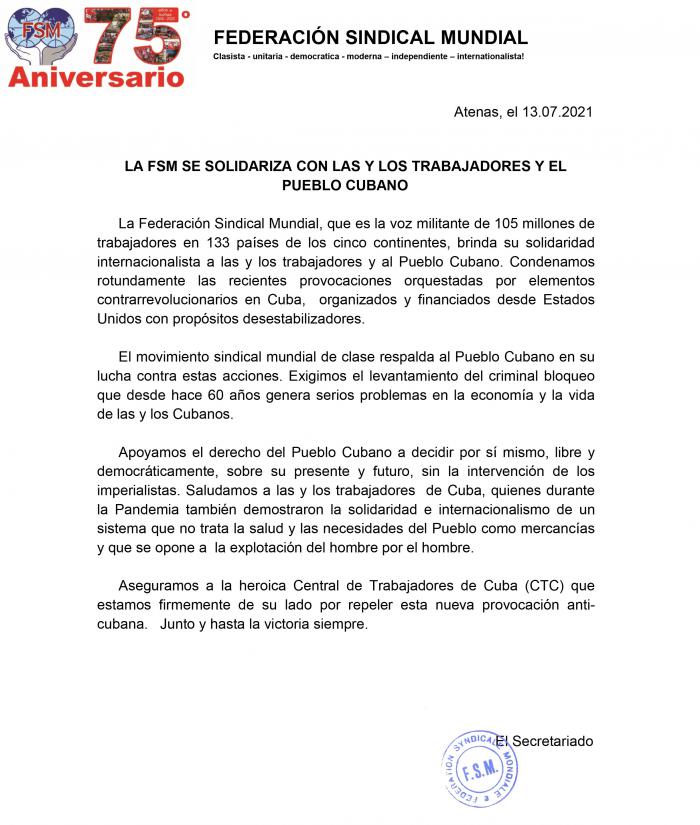 FSM SOLIDARIDAD CON EL PUEBLO CUBANO