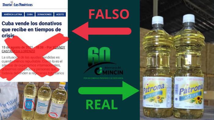 Las imágenes que se comparten en la supuesta noticia hacen referencia al aceite de donativo del PMA que en mayo y junio de 2021 se informó que sería destinado a suplir la cuota de la canasta familiar normada debido a una rotura de la industria.