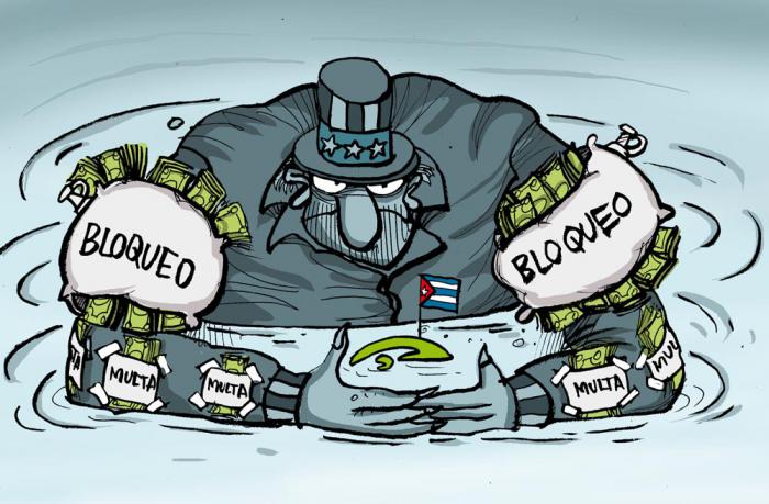 Caricatura sobre bloqueo contra Cuba. Tío Sam
