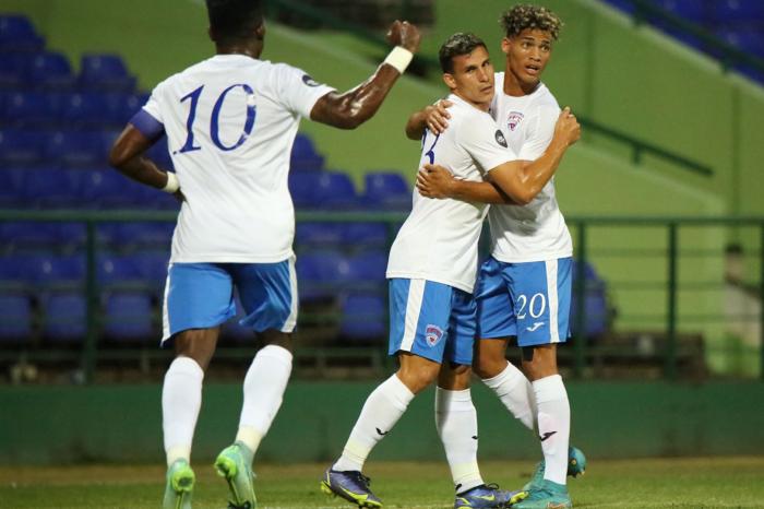 BASSETERRE, SAINT KITTS AND NEVIS. JUNE 9nd: Luis Paradela #23 of Cuba celebrating a goal during the match between Antigua y Barbuda vs Cuba as part of the Nations League 